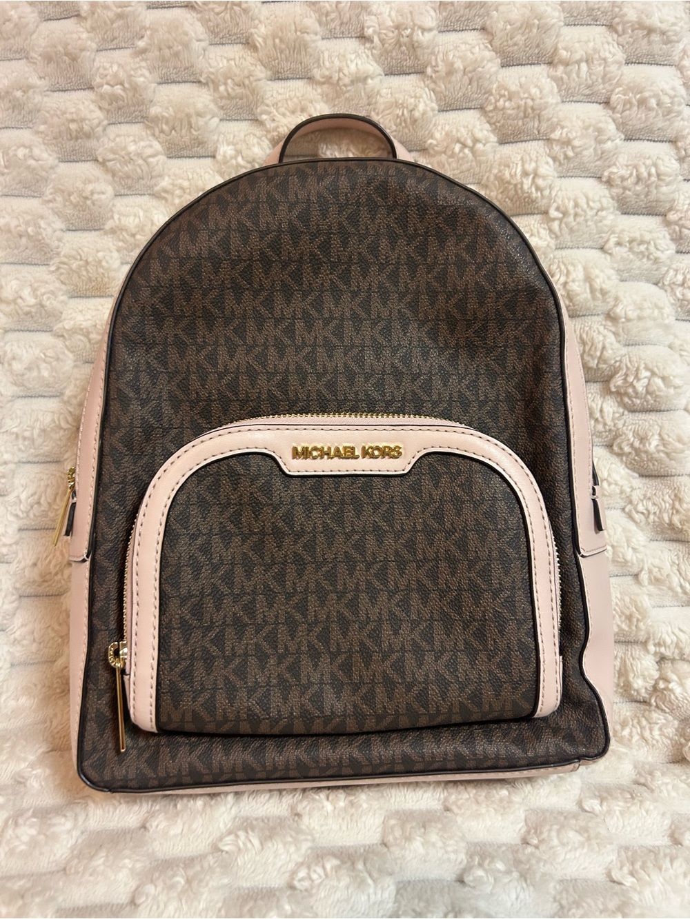 Michael Kors Jaycee Brown Monogram Backpack with Pale Pink Trim and Wallet - Picture 2 of 7